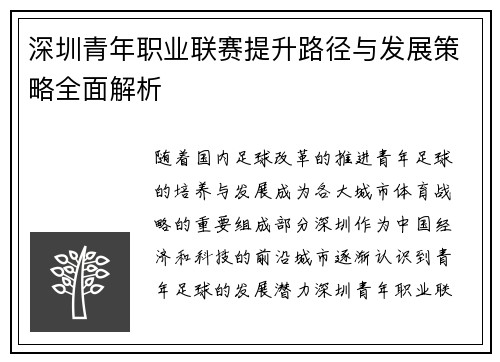 深圳青年职业联赛提升路径与发展策略全面解析