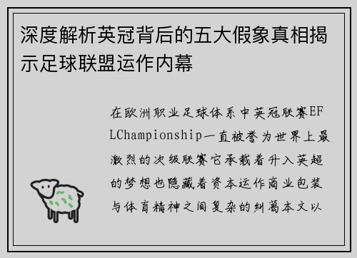 深度解析英冠背后的五大假象真相揭示足球联盟运作内幕